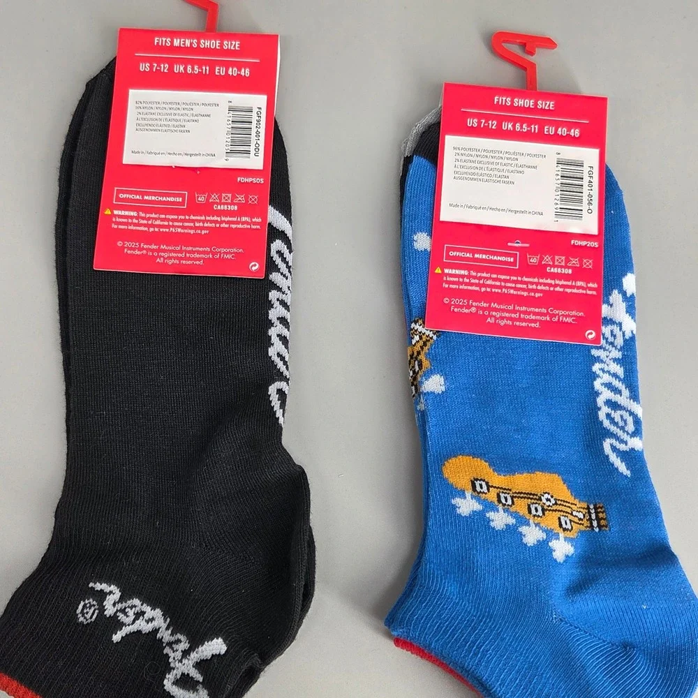 Fender Socks‎ Mens One Size 2 Pair Black Blue Guitar Logo Rock Music Aesthetic